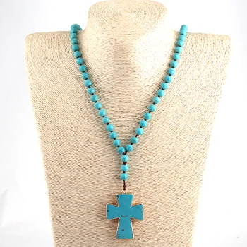 

Free Shipping Fashion Blue Stones Long Knotted Blue Cross Necklaces