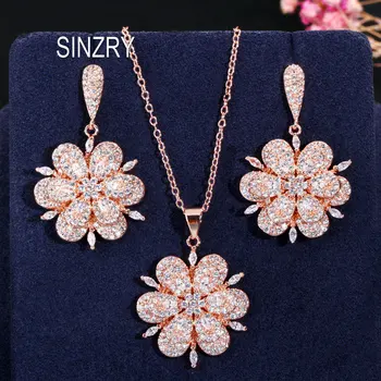 

SINZRY luxury CZ jewelry set cubic zirconia micro paved solid flower pendant necklace earring jewelry set lady costume jewellery