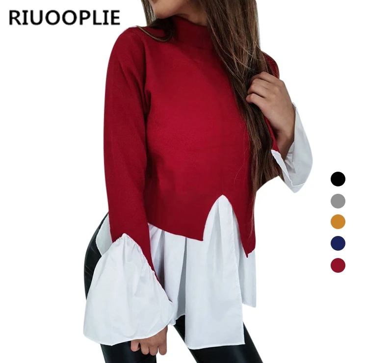 RIUOOPLIE Женская мода с длинным рукавом оборки Топы Повседневная Свободная кофточка