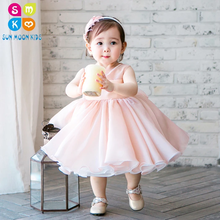 

Cute Pink Chiffon Sleeveless Newborn Girl Dress Beaded Infant Christening Gown 1 Year Birthday Party Dress For Baby Baptism