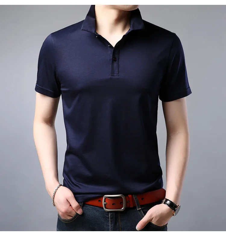 Шелковая однотонная Повседневная рубашка поло, мужская деловая рубашка поло с коротким рукавом, высокое качество, для фитнеса, облегающая Мужская рубашка поло, Летняя мода