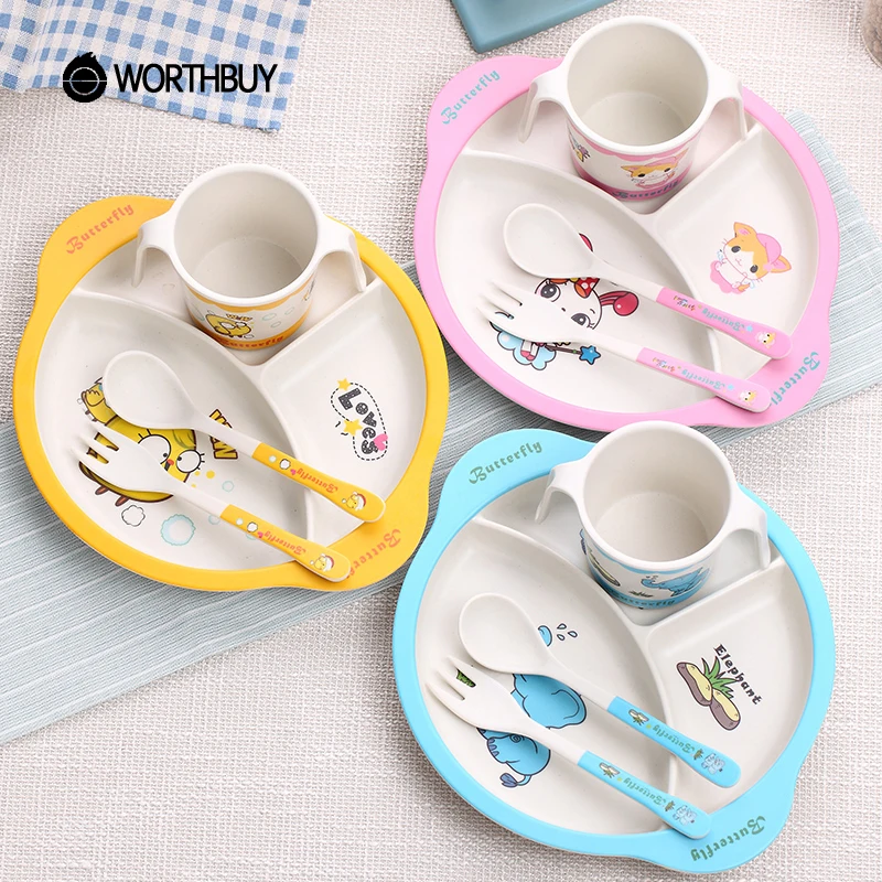 WORTHBUY Cute Cartoon Kids Dinnerware Set Eco Friendly Bamboo Fiber Dinner Children Cutlery For School Picnic Tableware|Столовые