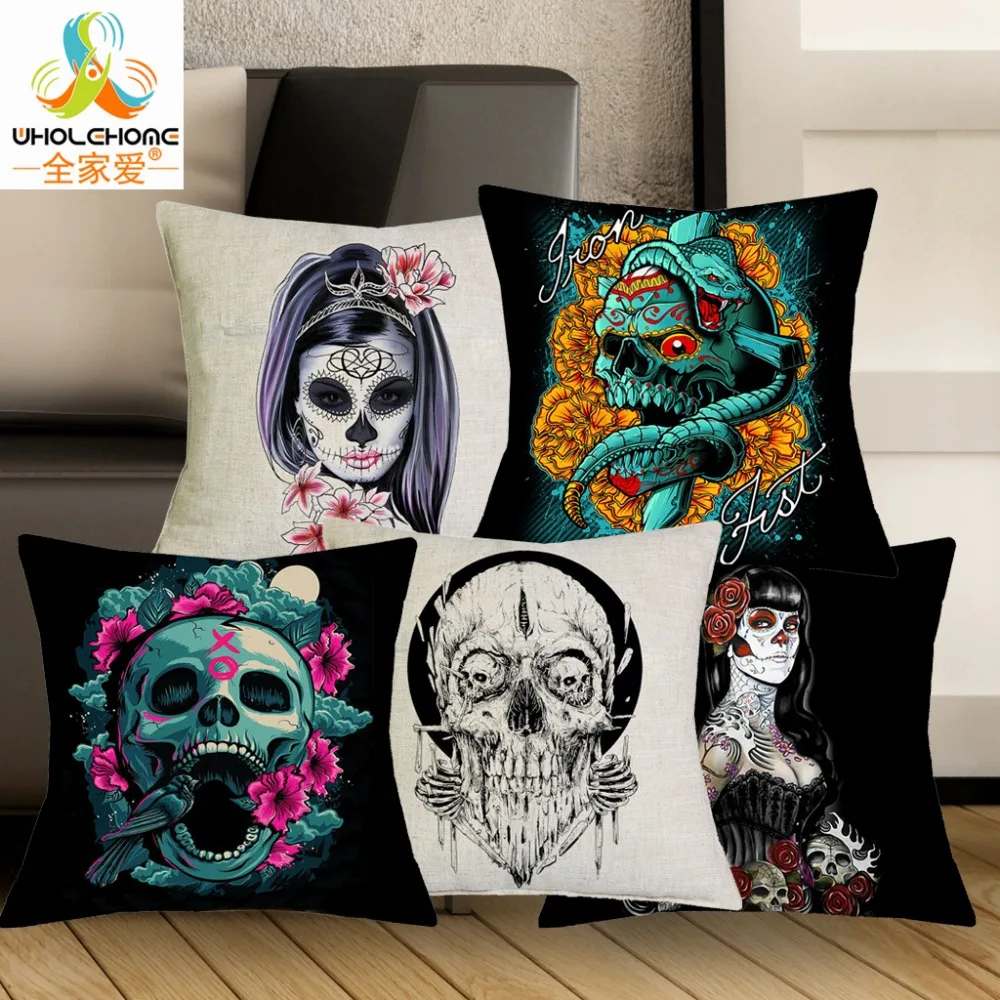 

Lovely Suger Skull Cushion Cover 43*43cm Linen Female Undead Pillowcase Decorative Seat Cushions For Living Room Bed Room