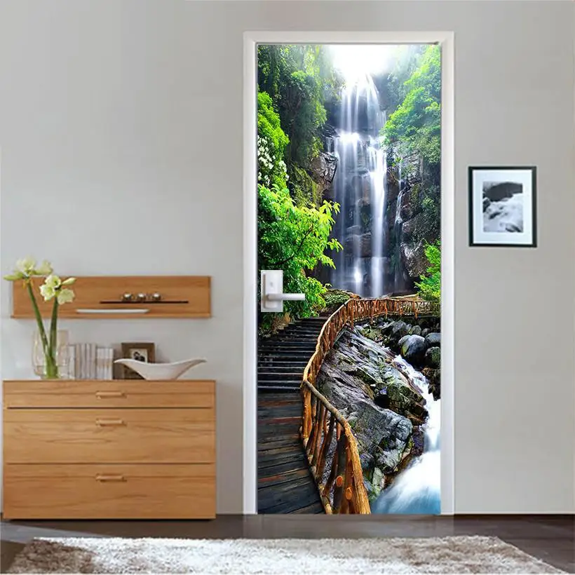 

2 Panels Waterfall Near Wooden Stairs Picture 3D Wall Murals Wall Stickers Door Sticker Wallpaper Decals Home Decoration July071
