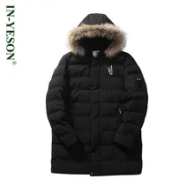 New Fur Collar Winter Jacket Men Brand IN-YESON Thick Windproof Medium Long Men’s Parka Overcoat Cotton Padded Hooded Jacket
