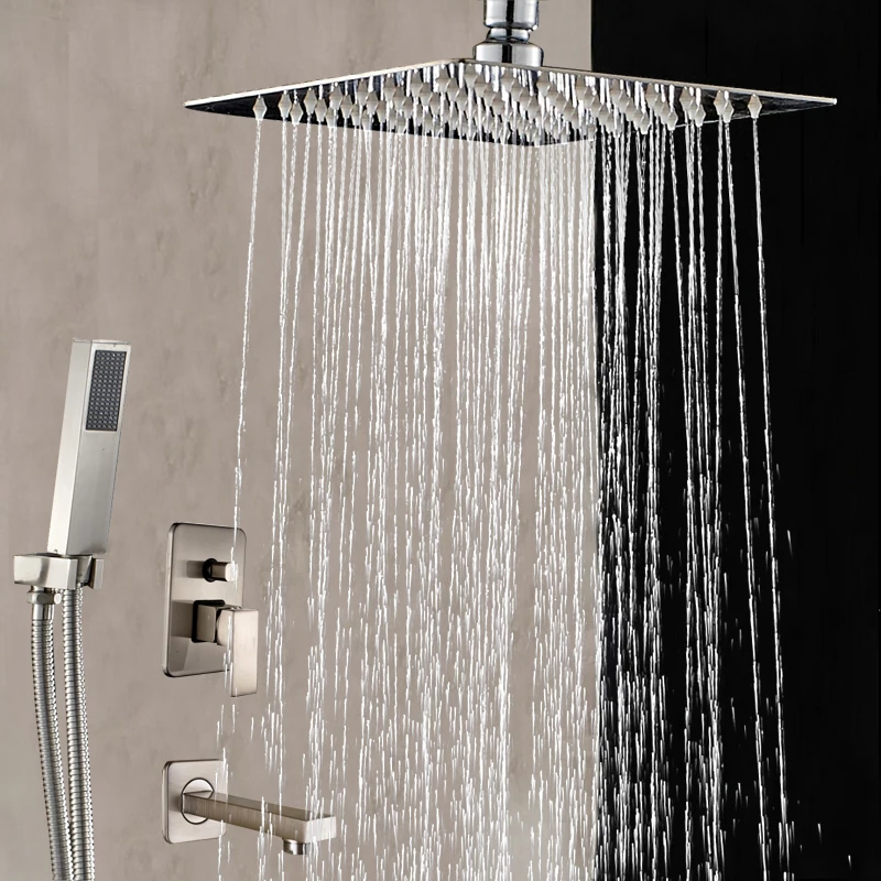 8" 10" 12" 16" Ceiling Mount Shower Faucet Brushed Nickel 3 Ways Mixer