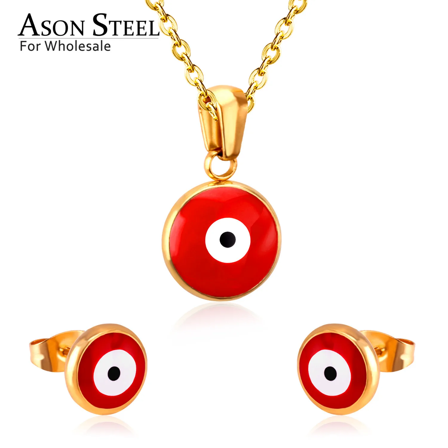 

Asonsteel Gold Color Red Cat Eye Wedding Jewelry Set for Women 316L Stainless Steel Necklace Pendants Small Stud Earring