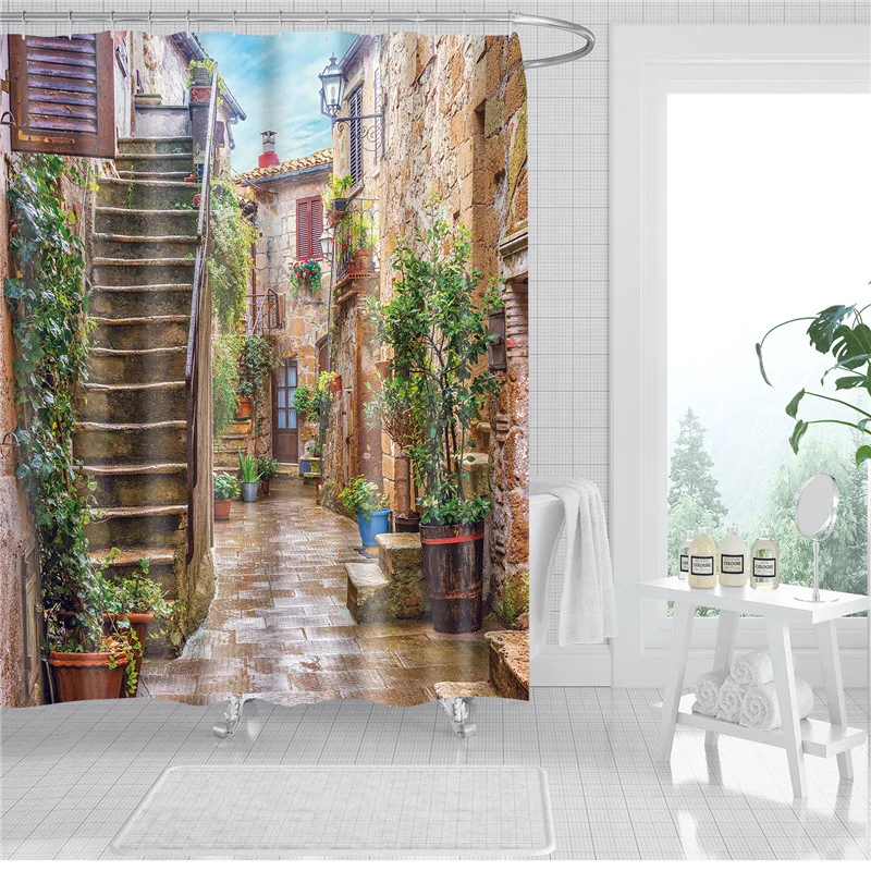 

3d waterproof fabric polyester shower curtains set landscape flowers style bathroom decoration accessories bath screen