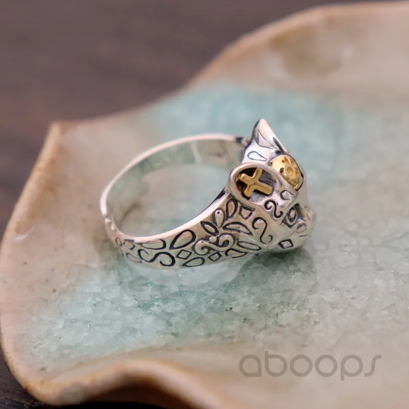 Adjustable Vintage Two Tone 925 Sterling Silver Cat Head Ring Biker Jewelry for Men Women Free Shipping Fashion Jewelry