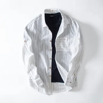 

2018 New autumn long-sleeved mens shirt linen plus size M-4XL stripes white shirt male casual fashion shirts men chemise camisa