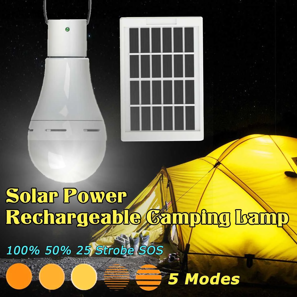 

Portable 5 Modes Changeable Solar Bulb 15W Outdoor Solar Panel Light USB Rechargeable Tent Camping Light Bulb