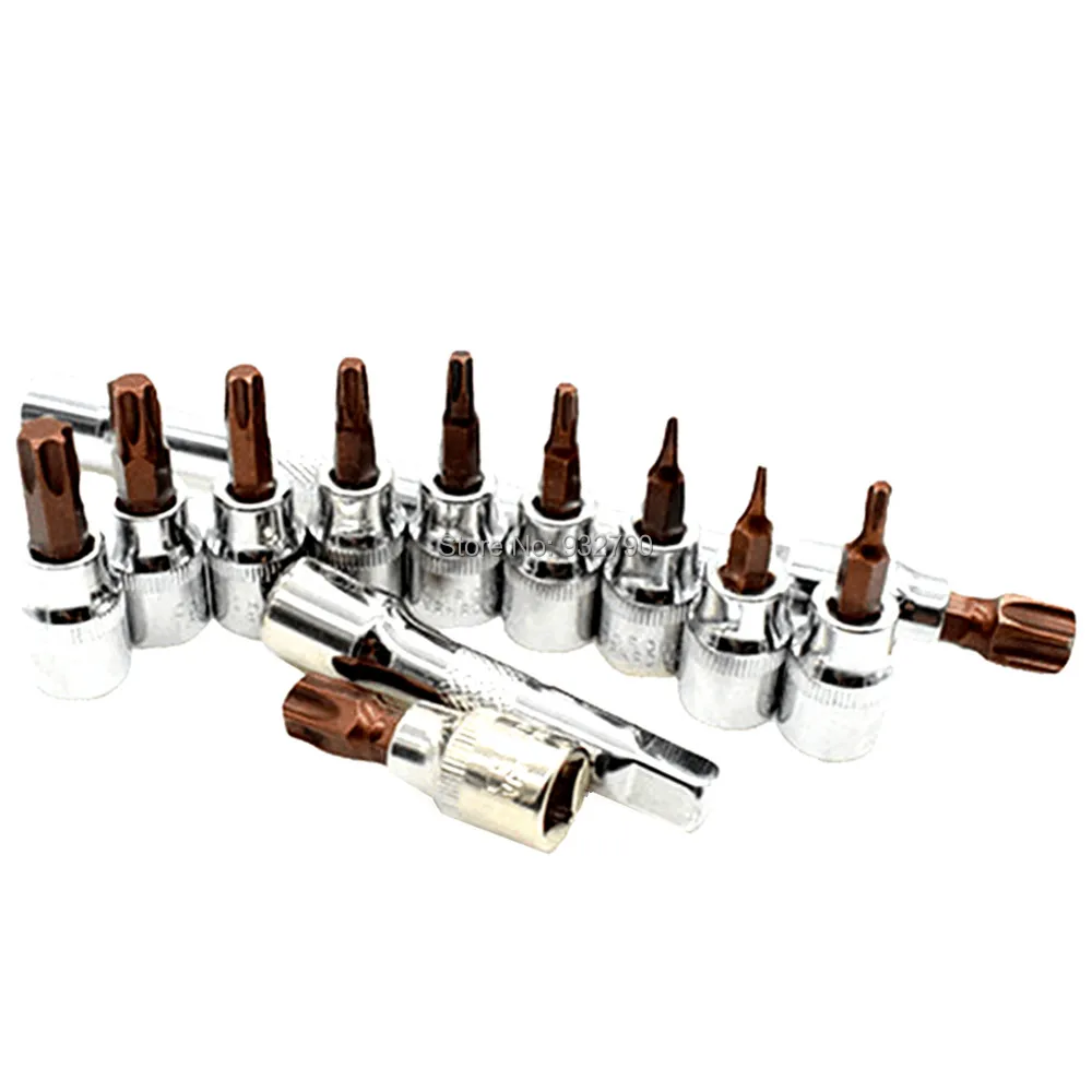 

11pcs 3/8"(10mm) Dr Torx Bit Sockets Screwdriver Bit Socket T10 T15 T20 T25 T27 T30 T40 T45 T50 T55 T60 + 2pcs Extension Bar Set