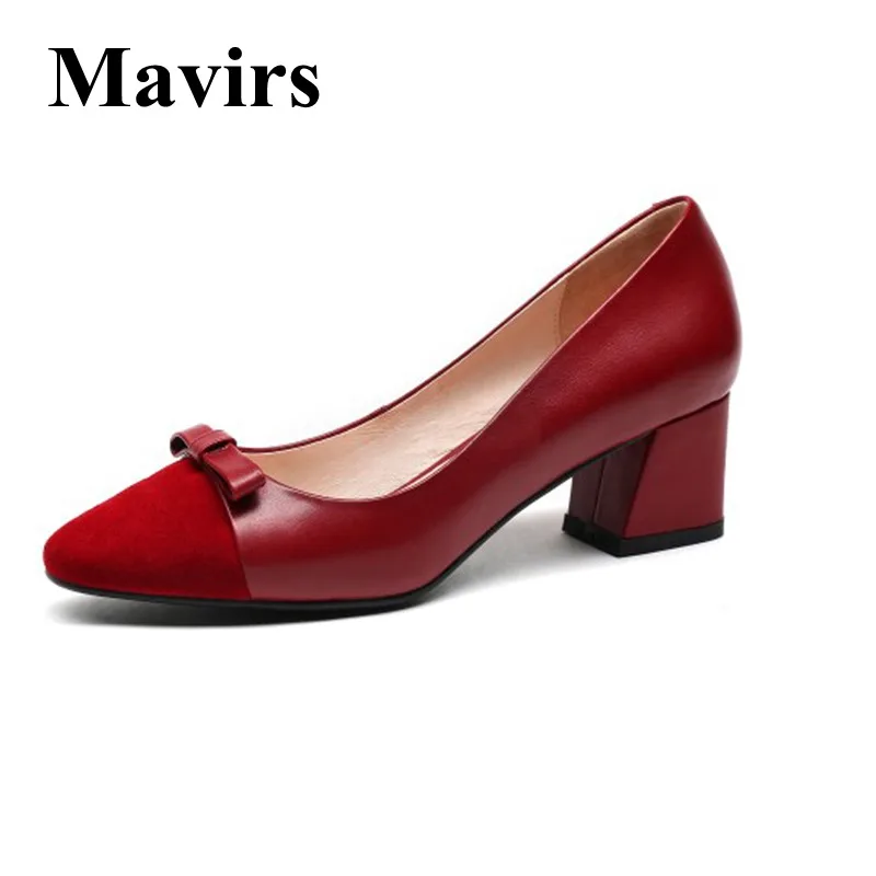 

MAVIRS Brand Genuine Leather Women Pumps 2018 Spring Square Toe Bowknot 5CM Chunky Heels Black Red Wedding Shoes EU Size 35-39