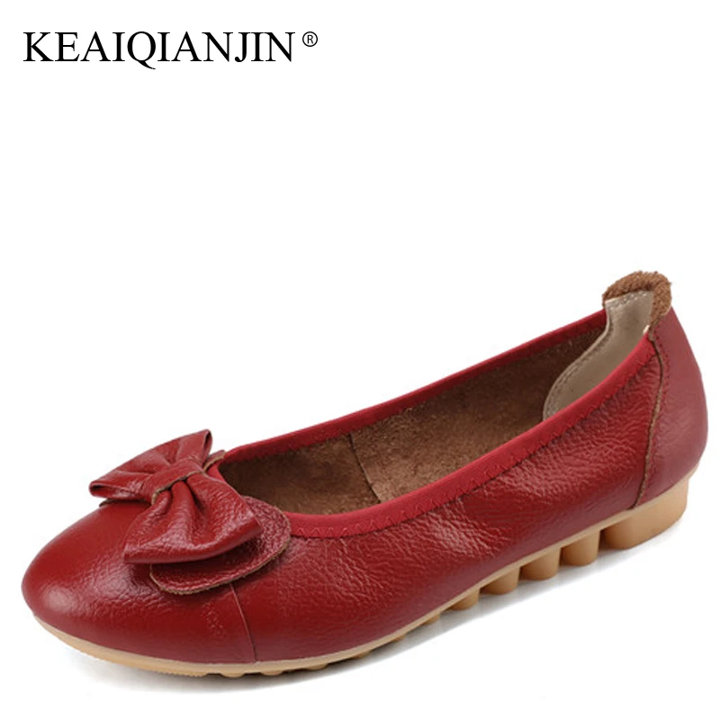 

KEAIQIANJIN Woman Genuine Leather Oxfords Plus Size 34 - 41 Autumn Cheap Red Nurse Shoes Butterfly Loafers Calzado Mujer Flats
