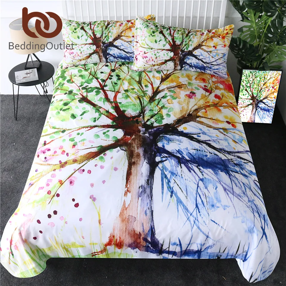 

BeddingOutlet Seasons Tree Bedding Set Plant Leaf Duvet Cover Colorful Bed Set 3-Piece Watercolor Spring Bedspreads Wholesale
