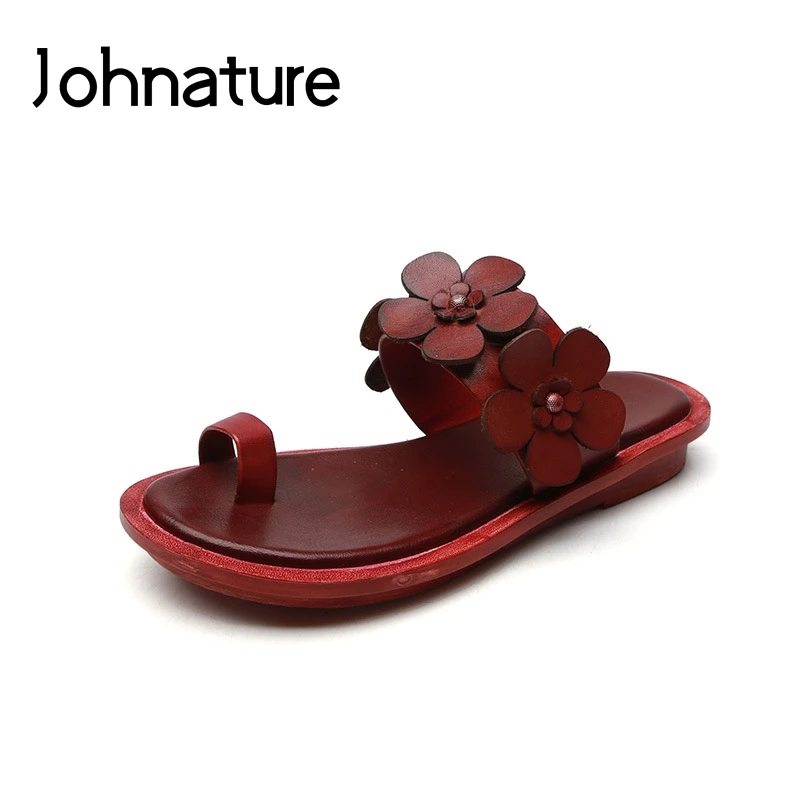 

Johnature Genuine Leather Floral Slippers Summer Casual Outside Rivet Sandals Handmade Retro Flat With Slides Women Shoes