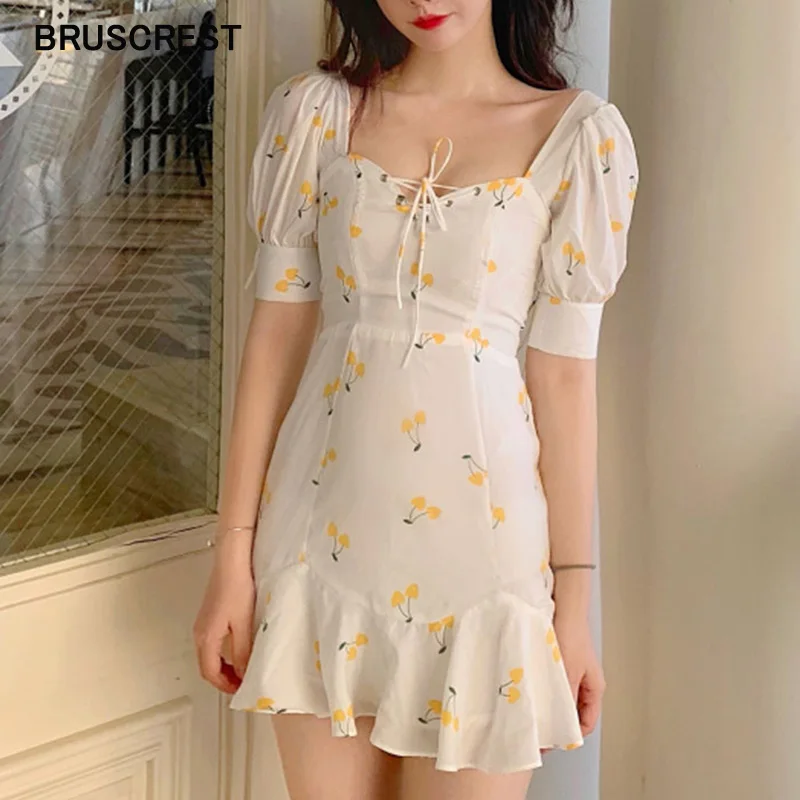 

Summer dress 2019 vintage white ruffle lace up beach sexy dress elegant kawaii yellow cherry casual mini dress korean vestidos
