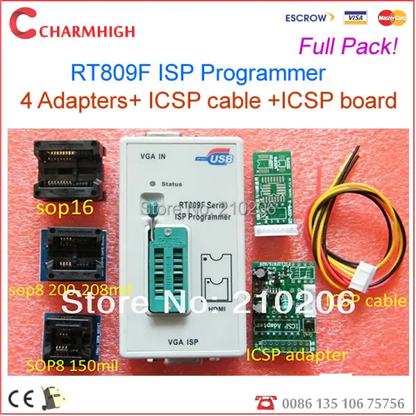 

Full Pack VGA LCD ISP Programmer RT809F ISP Programmer + ICSP Cable ICSP Board + 4 Adapters 24-25-93 serise IC RTD2120