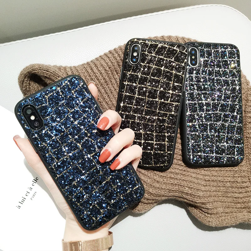 For iPhone X Case Classical Grid Bling Glitter Sequins Hard Cover 8 7 6 6S Plus Full Protective iPhone8 |