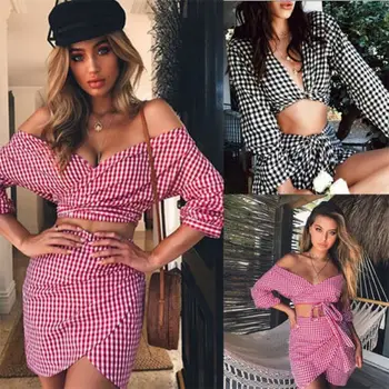

Summer Sweet Holiday Plaid Cute Beach Women V-neck Casual Party Short Skirt Sexy Balck Red Fashion Crop Top Two Piece Set