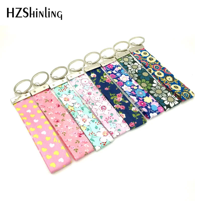 

2018 New Fabric Wrist Key Chain Spring Fling Wristlet Key Fob Yellow White Hearts Keyring Pink Flowers Keychain Gifts For Girl