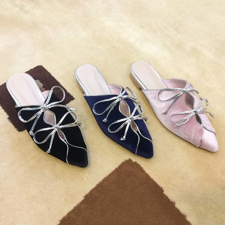 

MLJUESE 2019 women slippers Soft Velvet summer pointed toe Riband blue color low heel beaches sandals party dress size 34-43