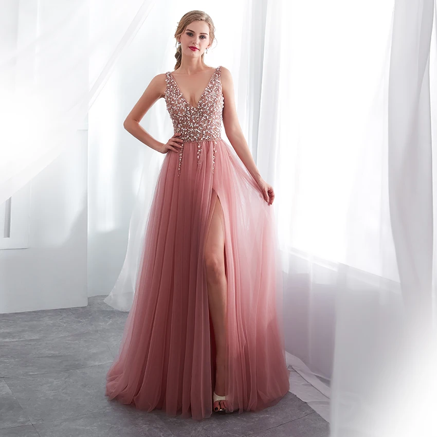 2019 Sexy Backless Women Long Prom Dresses Deep V Neck Crystal Beads Party Gown Sleeveless Evening Vestido de festa longo