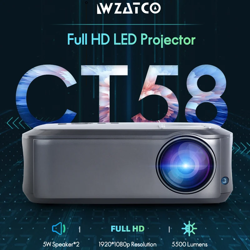 WZATCO أحدث T58 الروبوت OS 9.0 واي فاي الذكية كاملة HD 1080 P فيديو جهاز عرض (بروجكتور) ليد Proyector للمنزل المسرح دعم 4 K على الانترنت الفيديو