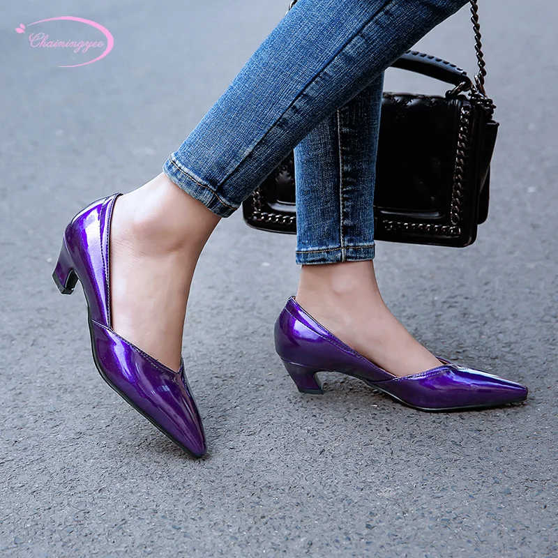 

Chinese party nightclub style sexy pointed toe pumps fashion slip-on paint black purple yellow chunky medium with women shoes
