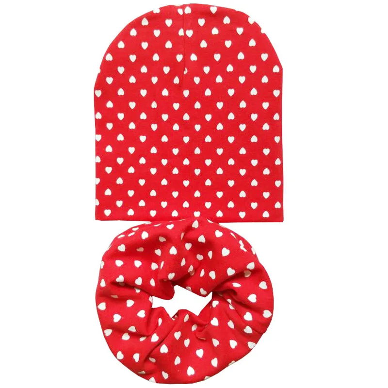 Осенне-зимние детские шапки, комплект для мальчиков и девочек, детская шапочка, шапка, шарф, совы, снежинки, сердце, сердце, в горошек, детская шапка, шарф - Цвет: Red Love Set