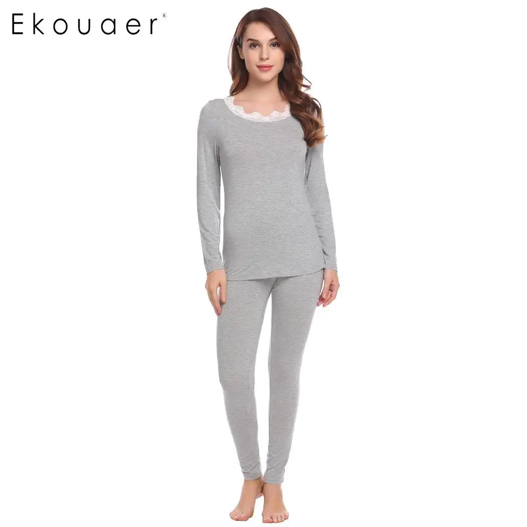 Ekouaer Womens Pajama Set Long Sleeve Sleepwear Lounge Set O Neck Lace