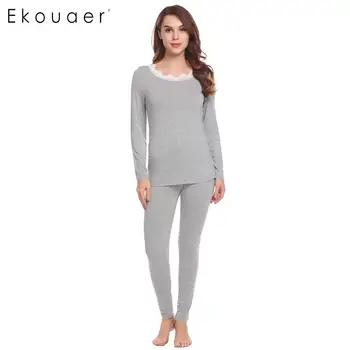 

Ekouaer Womens Pajama Set Long Sleeve Sleepwear Lounge Set O-Neck Lace-trimmed Tops Elastic Waist Long Pant Johns Pajamas Sets