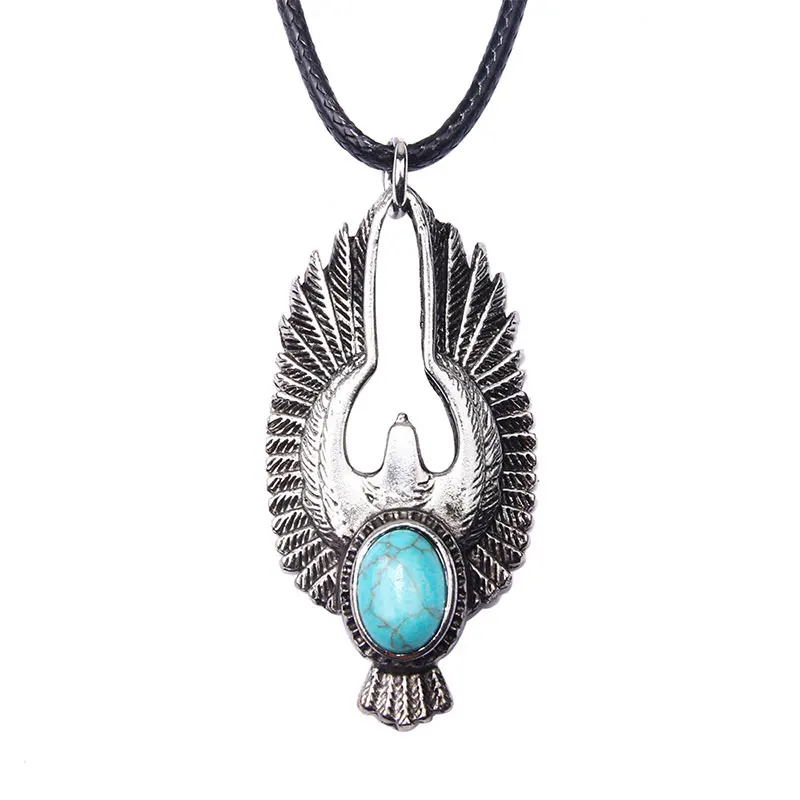 

DoreenBeads Ancient Silver Green Stone Feather Bird Black Wax Rope Pendant Necklace Sweater Chain For Men Hip Hop Chic Punk, 1PC