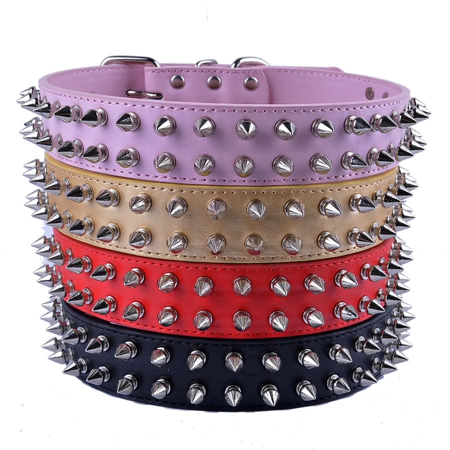 Personalized Spiked Dog Collar Large Gold Black Red Pink Pu Leather