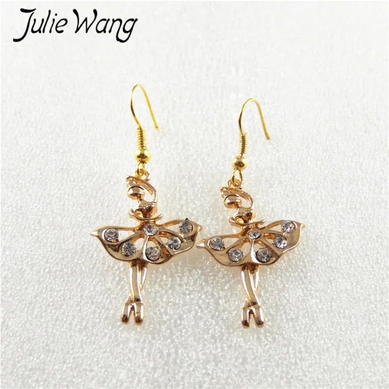 Julie Wang 1pair/pack Gold Color Embellished with White Crystal Ballet Girl Dance Styling Ear Hook Earrings For Women Lady Gift