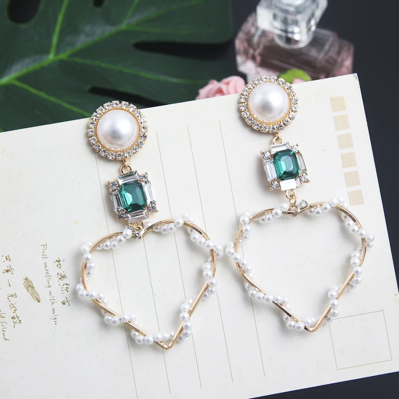 New Large Love Heart Pearl String Long Drop Dangle Earrings for Women