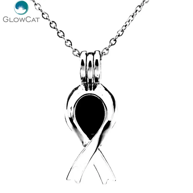 

K285 Silver Cancer Breast Awareness Ribbon Sign Steel Necklace Beads Pearl Cage Aroma Essential Oil Diffuser Locket