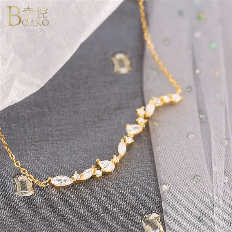 

BOAKO Ocean Wave Necklace for Women Short Chain 925 Sterling Silver Necklace Beach Surfer Jewelry Horse Eye Crystal Necklace