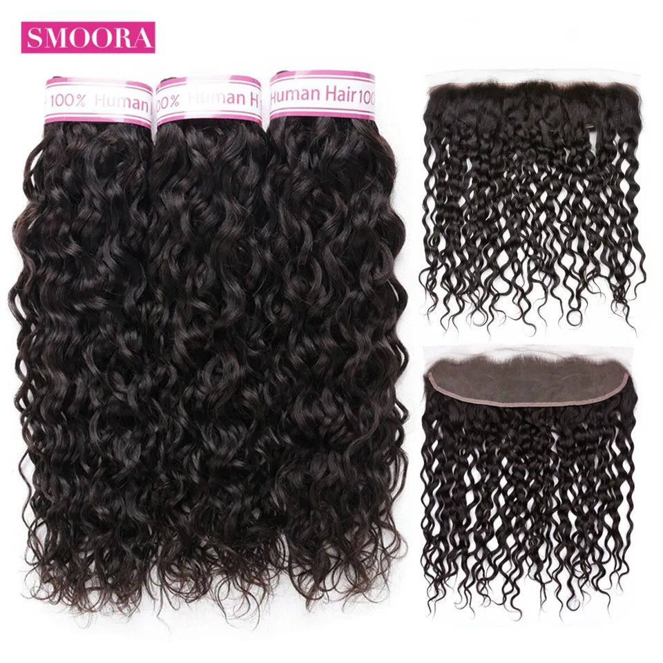 Smoora Malaysian Water Wave Bundles With Frontal Closure Human Hair Bundles With Frontal Closure Non Remy Hair Weave Extensions