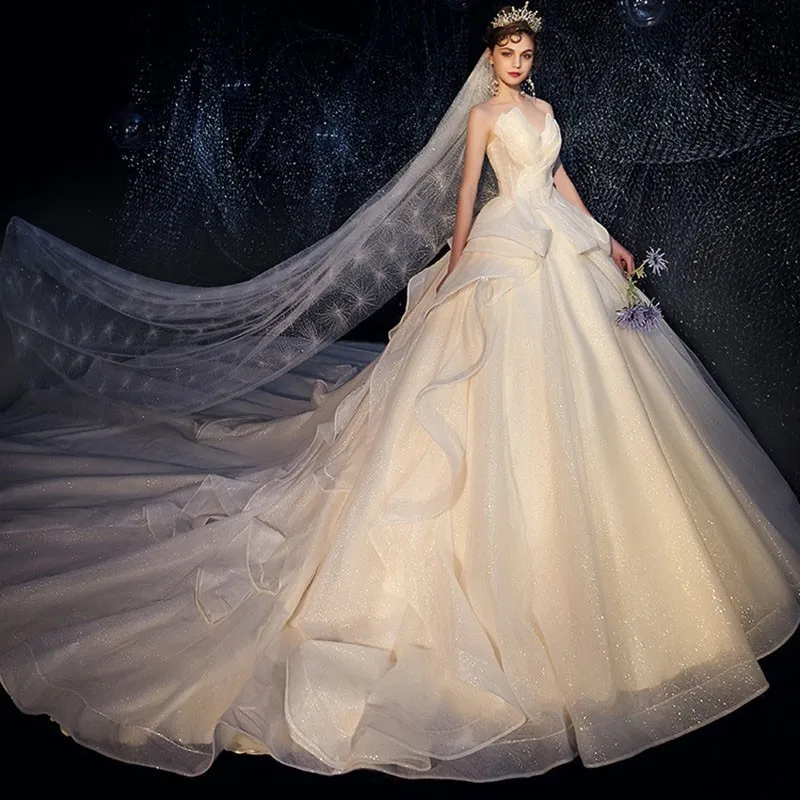 

Vivian's Bridal 2019 Luxury Starry Sky Princess Ball Gown Wedding Dress Sexy Scalloped Backless Ruched Ruffles Shiny Bridal Gown