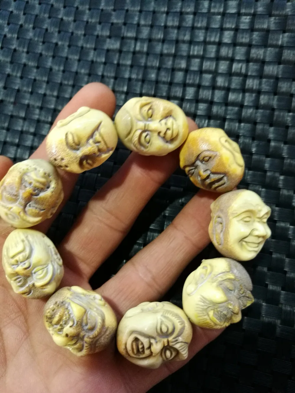 

China old Beijing Hand Carved bone on bone carving hand string beads head arhat