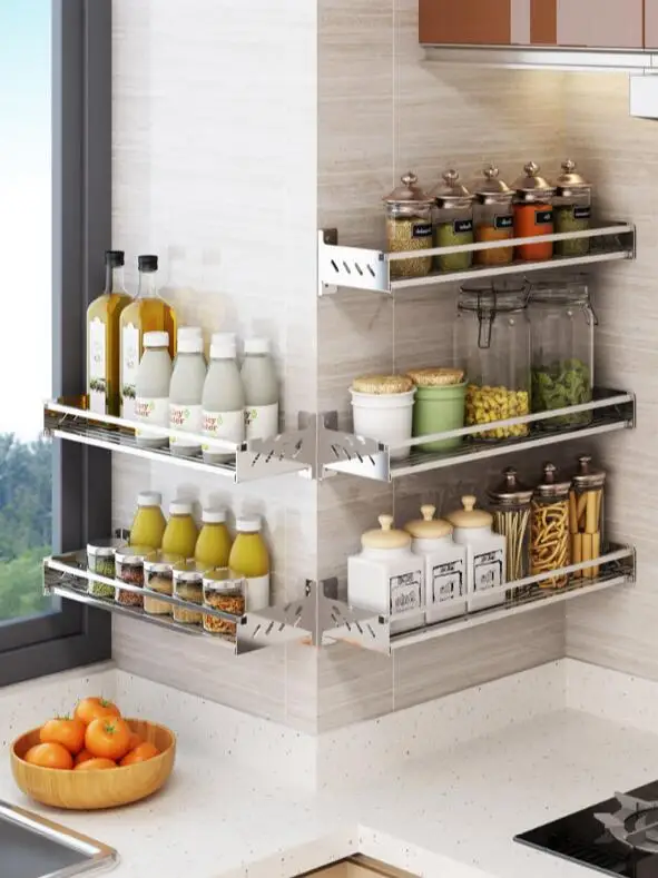 

Stainless steel seasoning rack kitchen wall-mounted wall punching - free household multifunctional rack storage rack