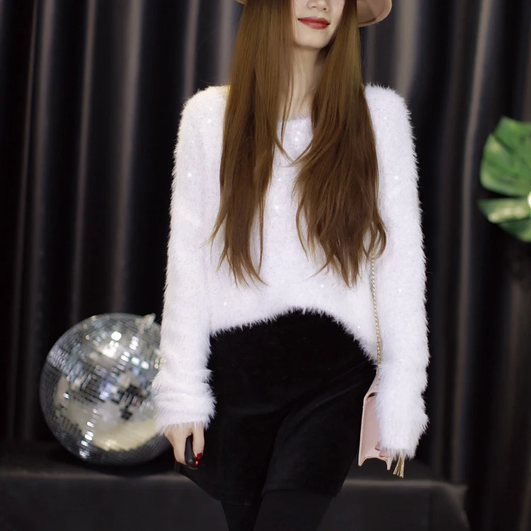 Cakucool свитера с блестками Для женщин волосатые мохер шею толстый джемпер Slim корейской сверкающий свитер трикотажный пуловер Топы Femme 13