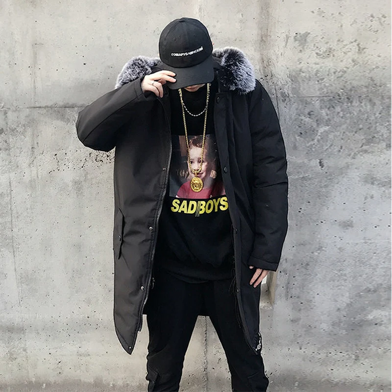Skup Kurtka zimowa mężczyźni grube ciepłe długie kurtki parki hombre męskie kurtka z futrzanym kapturem długie jesienne zimowy płaszcz trencz męski