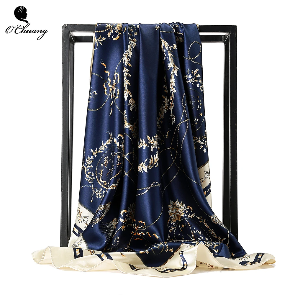 O CHUANG Fashion Silk Scarf Black Flower Print Large Luxury Brand Wraps Shawl Head Foulard Soie Square Women Scarves 90X90