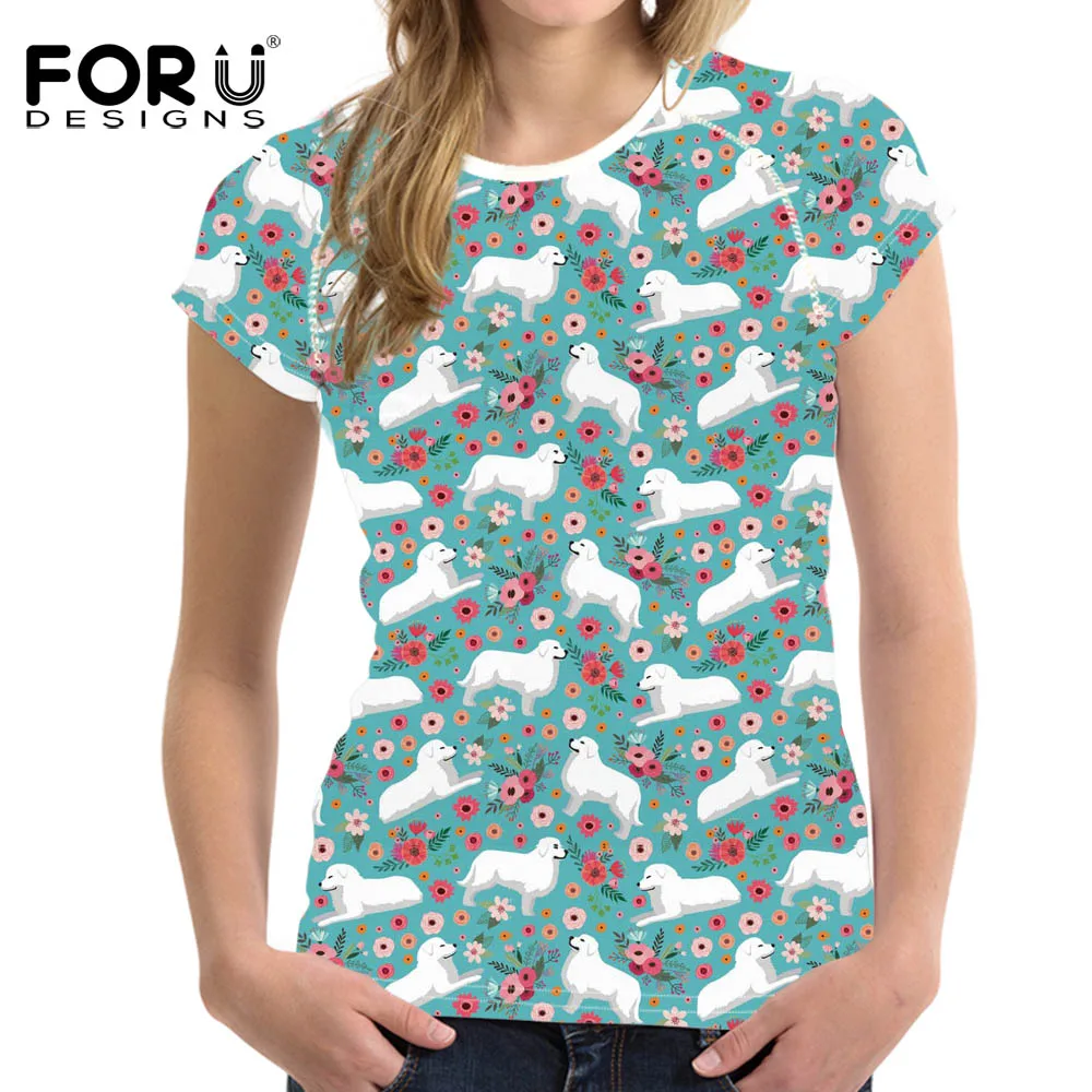 

FORUDESIGNS Light Blue Flower Great Pyrenees T Shirt for Women Cute Comfort Summer Ladies Short Sleeve Funny 3D Femme Tshirt