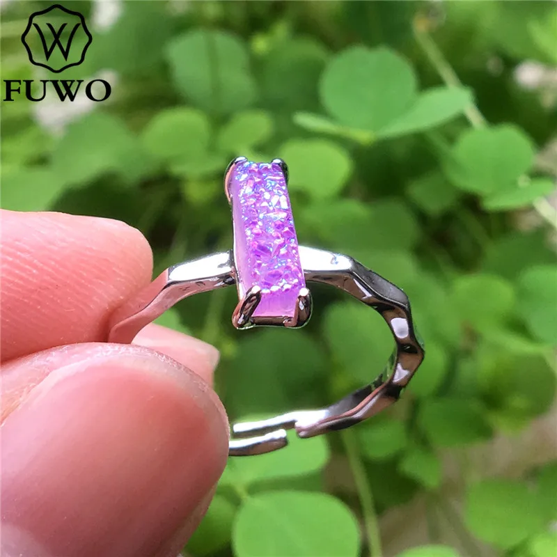 FUWO прямоугольное кольцо аура Друза с 24 К золотым наполнением минималистичный дизайн необработанные кольца друзы для женщин Регулируемый размер RG018 - Цвет основного камня: G