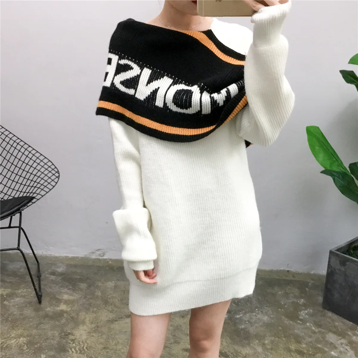 

2019 Super Fire Scarf Sweater Net Red Letter Same Word Collar Long Loose Thin Knitted Sweater Women Winter Clothes Sweater women
