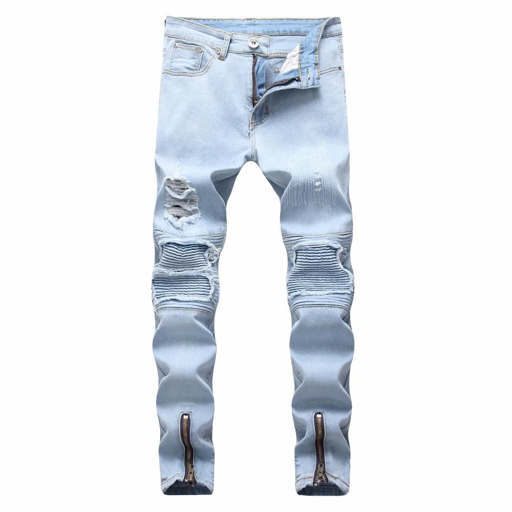 

Top quality 2020 wholesale Casual Biker jeans men's jeans pale blue hole locomotive foot biker motorcycle Zipper men's jeans