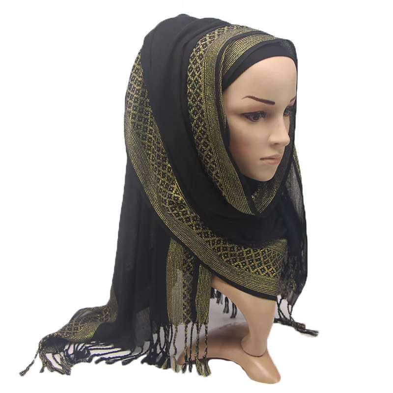 

2019 Spring Summer Solid Color Gold Line Glitter Scarf for Women Fashion Crinkle Shimmer Hijab Scarves Ladies Tassel Head Scarf